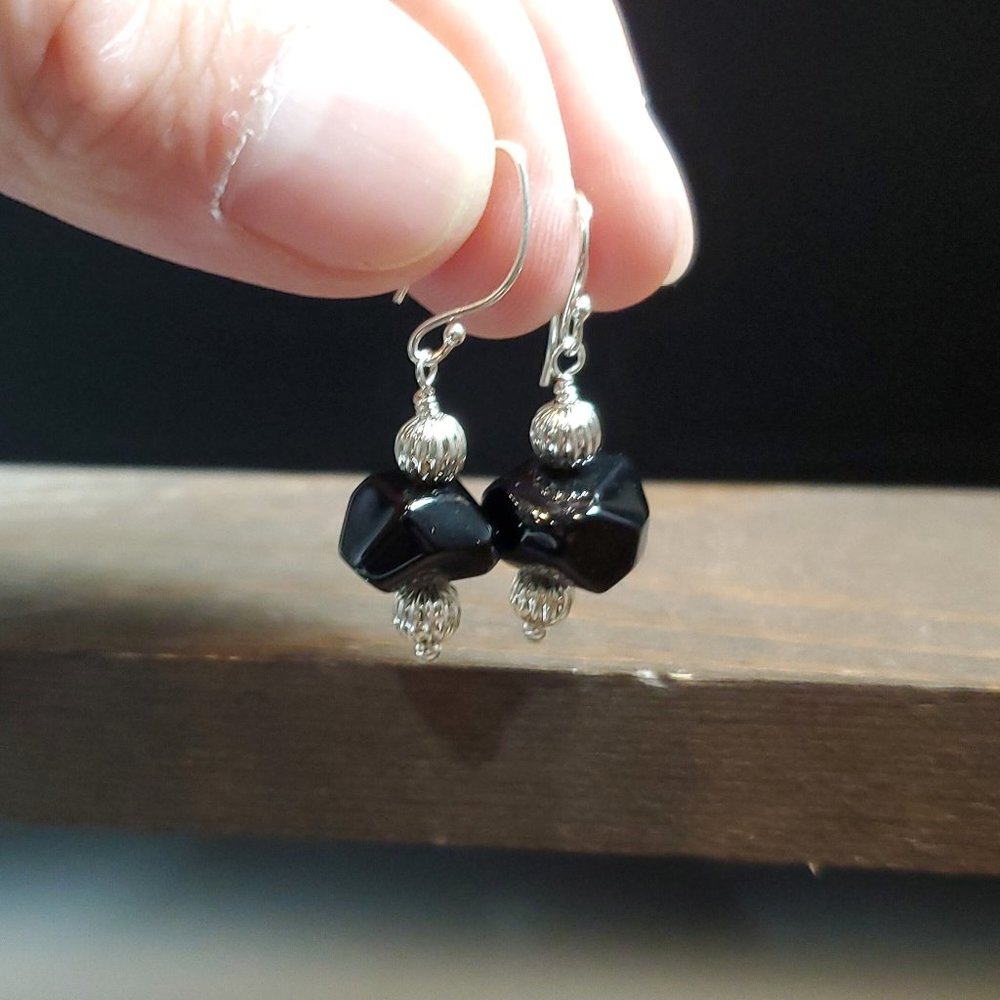 Sterling Silver Shiny Faceted Black Stone Earrings